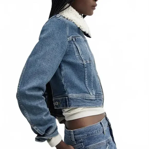 Mango Denim Jacket with Shearling Collar Gio Medium Vintage Blue NWT XXL